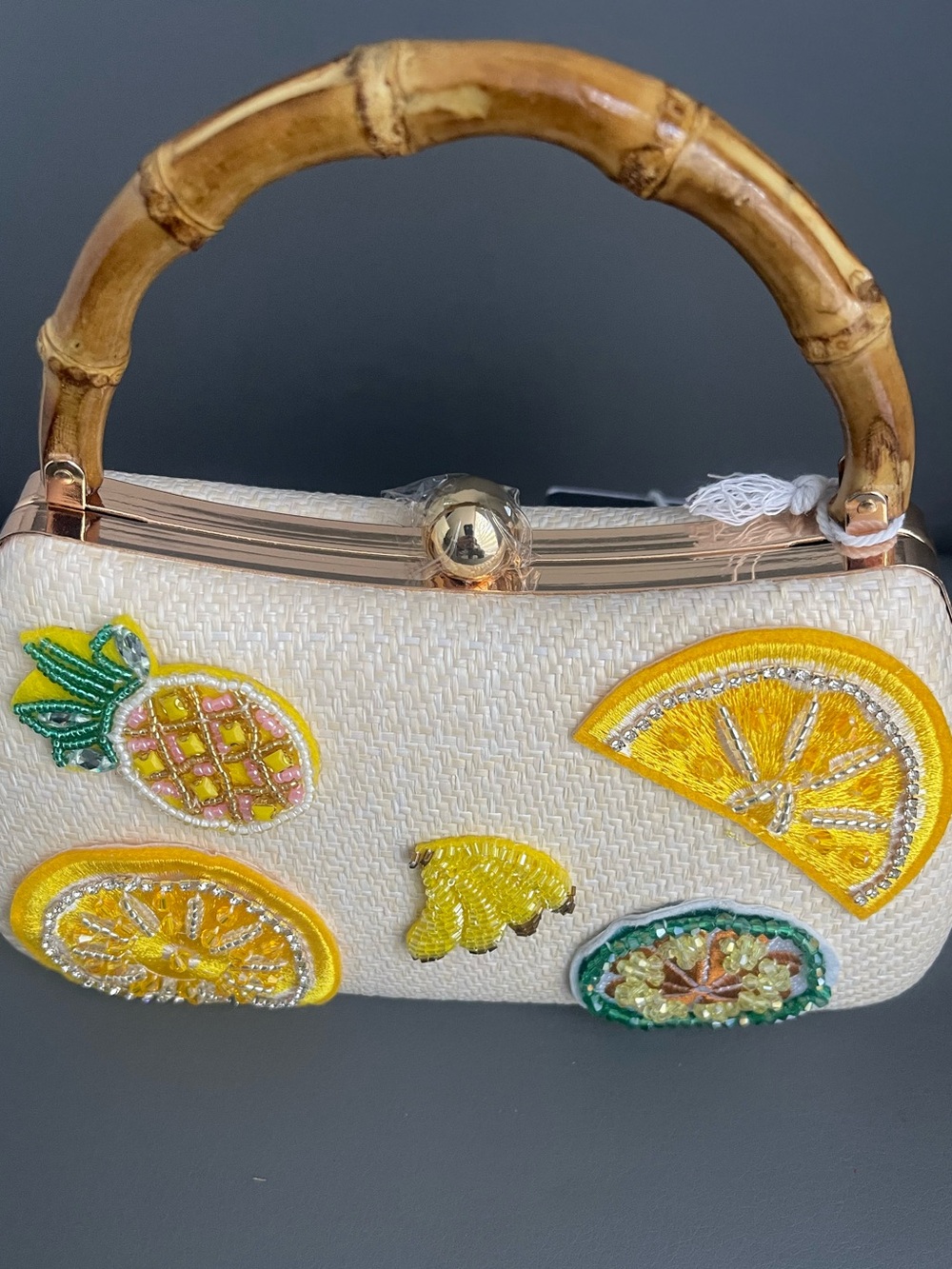 Haute Hippie Beaded Viral Fruit Clutch With Bamboo Handle Purse - Picture 4 of 8
